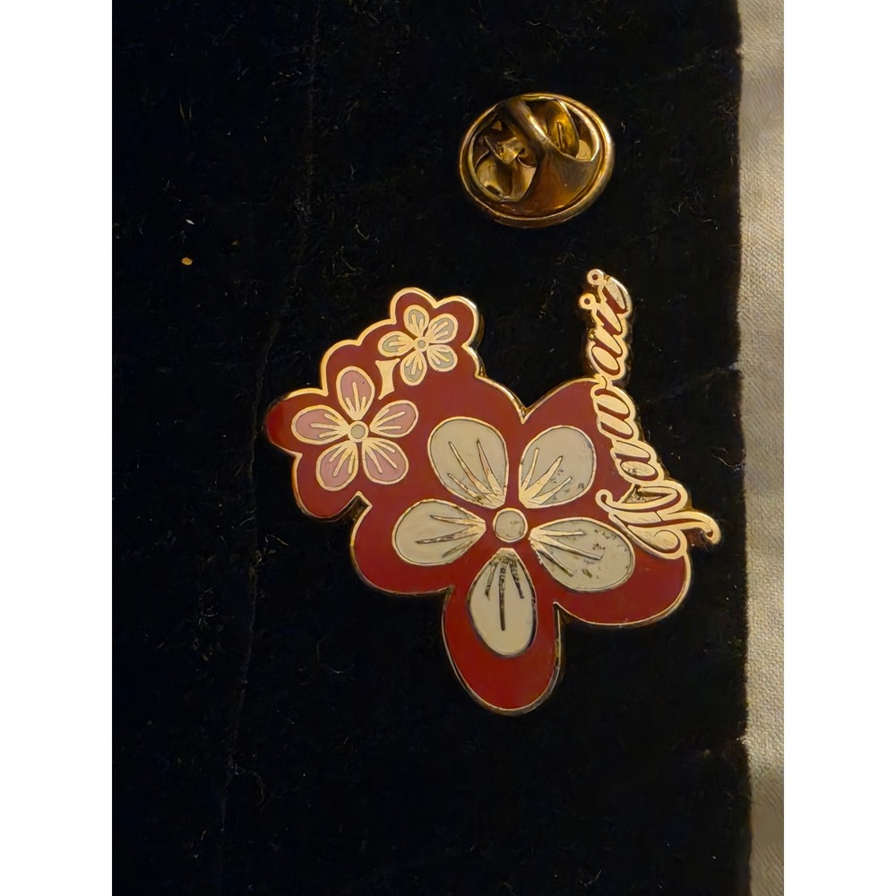 Hawaii Floral Enamel Pin Hibiscus Plumeria Red Gold Tone Souvenir Travel Lapel